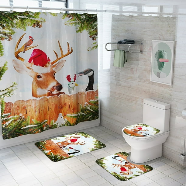 Chirpa Chirstmas Home Decorations Santa Christmas Print Toilet Bathroom Mat and Shower Curtain Four-Piece Set